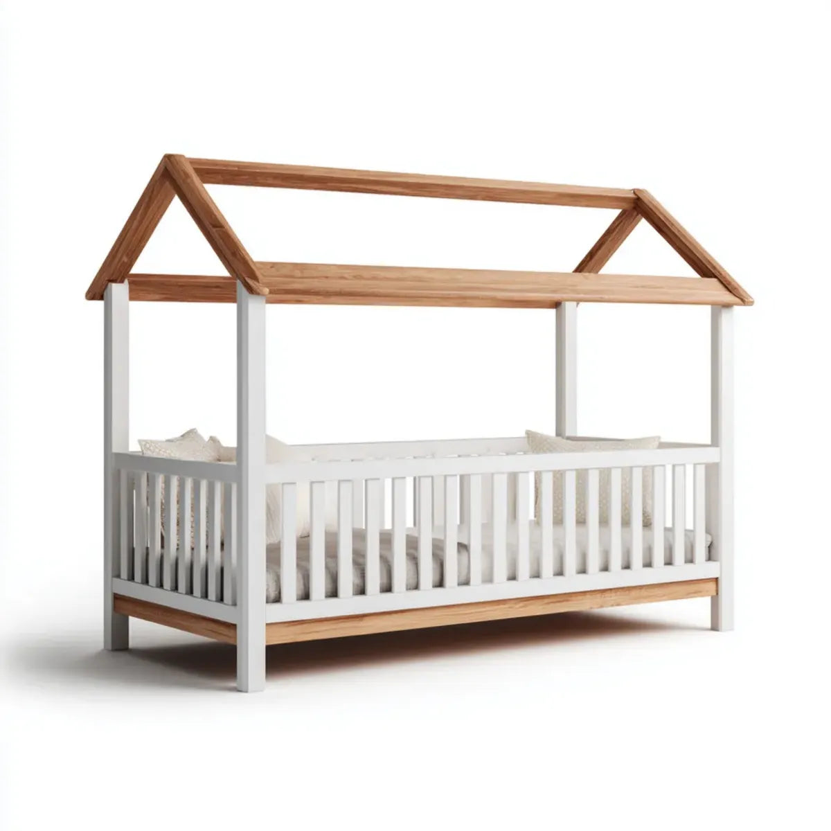 Lit cabane enfant blanc et bois naturel en pin massif 90 x 190 cm