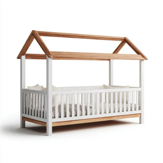 Lit cabane enfant blanc et bois naturel en pin massif 90 x 190 cm