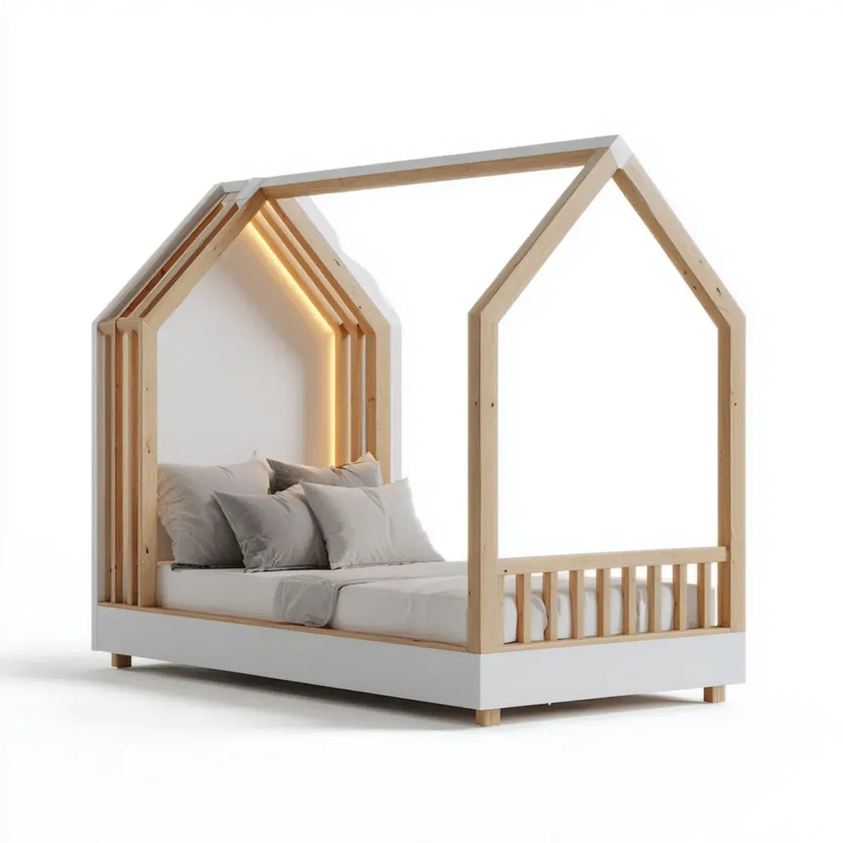 Lit cabane enfant 90 x 190 cm blanc et pin massif forme maison