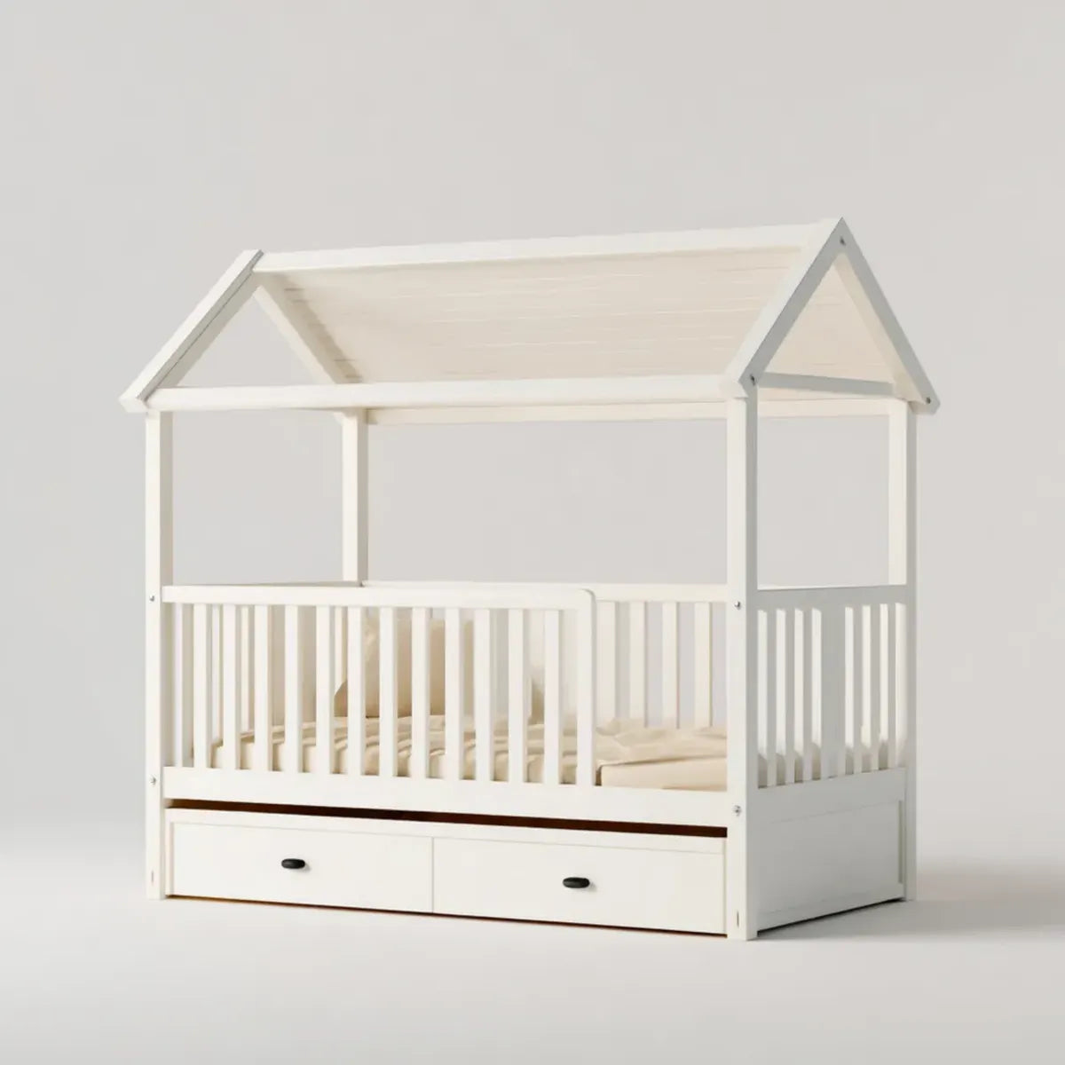Lit bébé cabane blanc 140 x 70 cm en pin massif rectangulaire avec 2 tiroirs