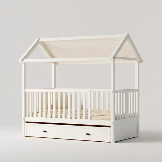 Lit bébé cabane blanc 140 x 70 cm en pin massif rectangulaire avec 2 tiroirs