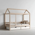 Lit enfant cabane avec 2 tiroirs blanc et bois naturel 90 x 190 cm en pin massif