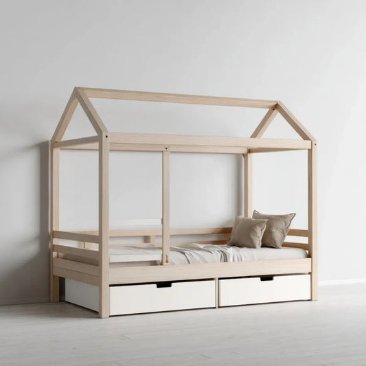 Lit enfant cabane avec 2 tiroirs blanc et bois naturel 90 x 190 cm en pin massif