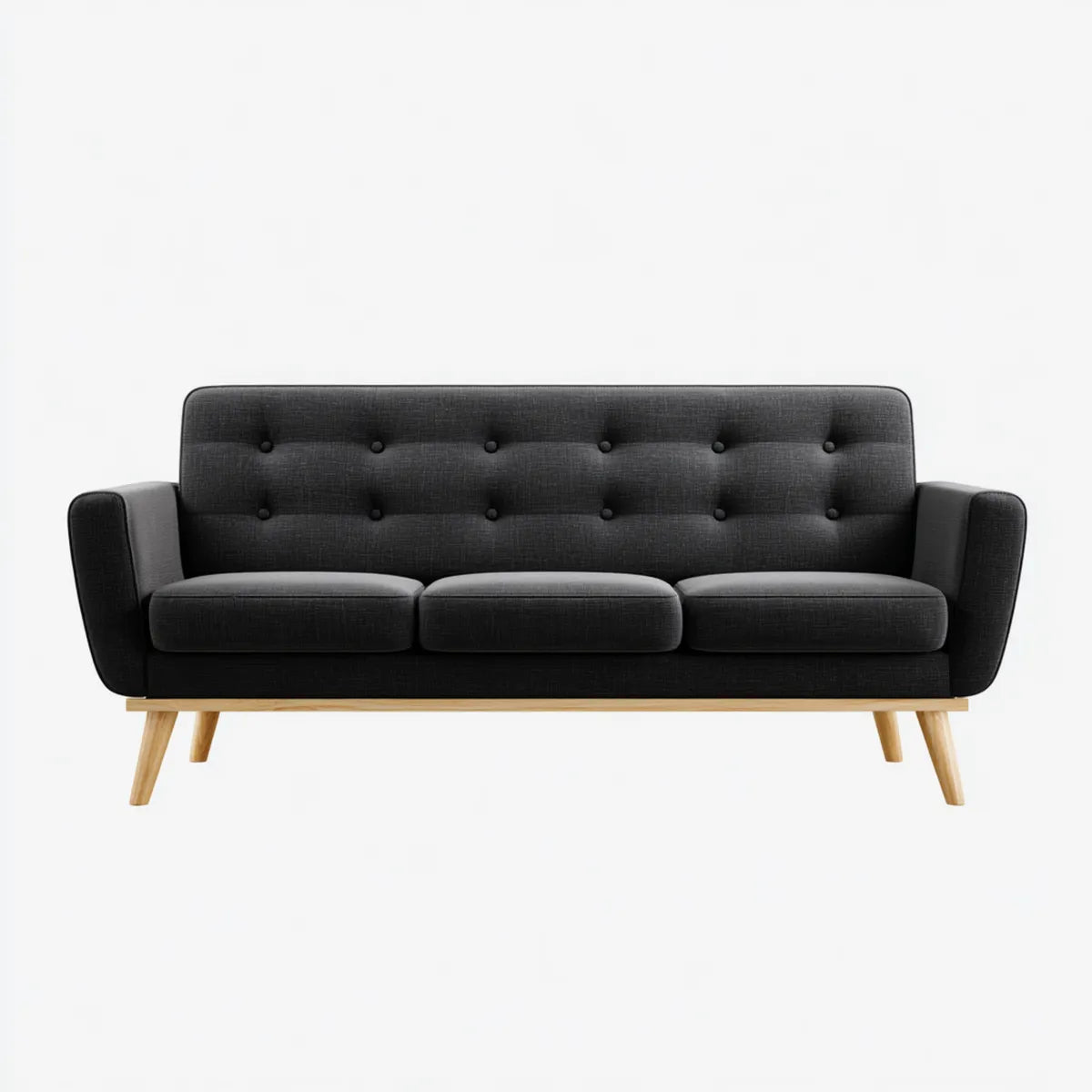 Canapé 3 places noir en polyester avec pieds en hévéa massif 180 x 80 x 82 cm