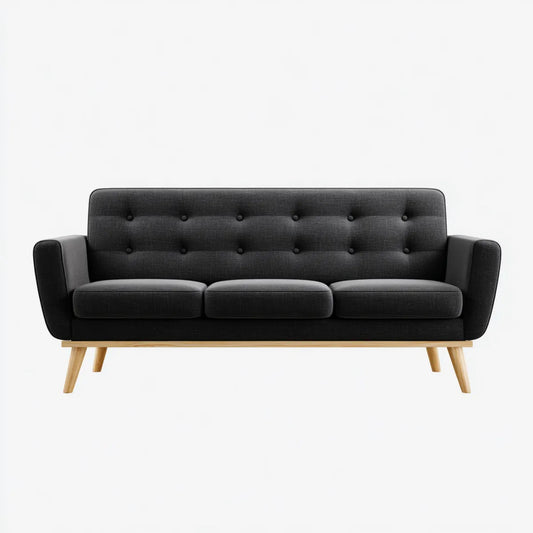 Canapé 3 places noir en polyester avec pieds en hévéa massif 180 x 80 x 82 cm