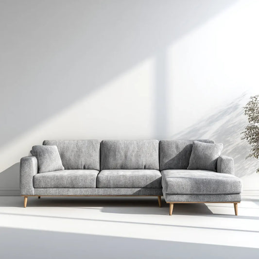 Canapé d'angle droit 4 places gris 250 x 160 x 85 cm en polyester avec pieds en bois massif