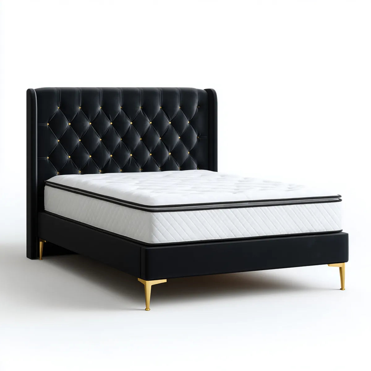 Lit double avec matelas noir en cuir PU capitonné 160 x 200 cm