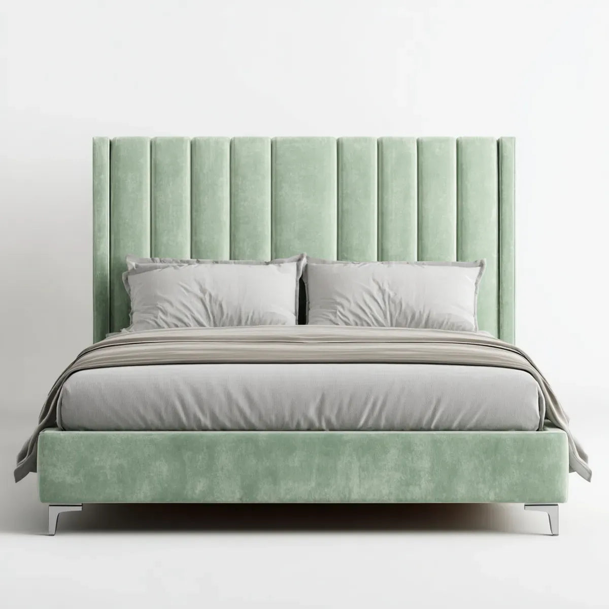 Lit double capitonné vert sauge 160 x 200 cm en velours de polyester rectangulaire