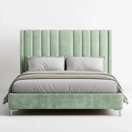 Lit double capitonné vert sauge 160 x 200 cm en velours de polyester rectangulaire
