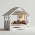 Lit cabane enfant blanc 90 x 190 cm en pin massif avec tiroir forme maison