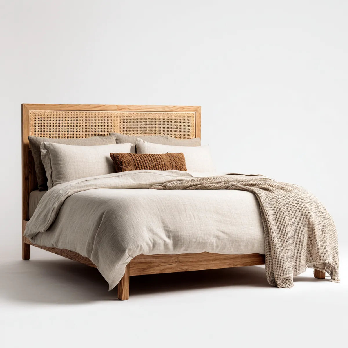 Lit double 160 x 200 cm naturel en bois massif et rotin tressé rectangulaire