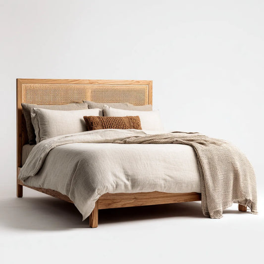 Lit double 160 x 200 cm naturel en bois massif et rotin tressé rectangulaire