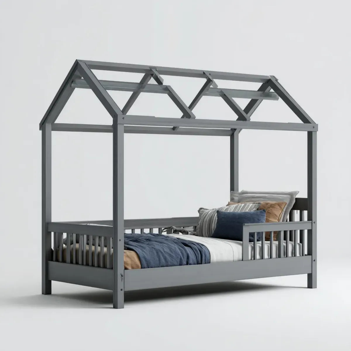 Lit enfant cabane gris 90 x 190 cm en pin massif forme maison