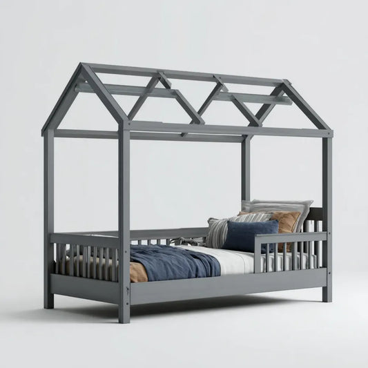 Lit enfant cabane gris 90 x 190 cm en pin massif forme maison