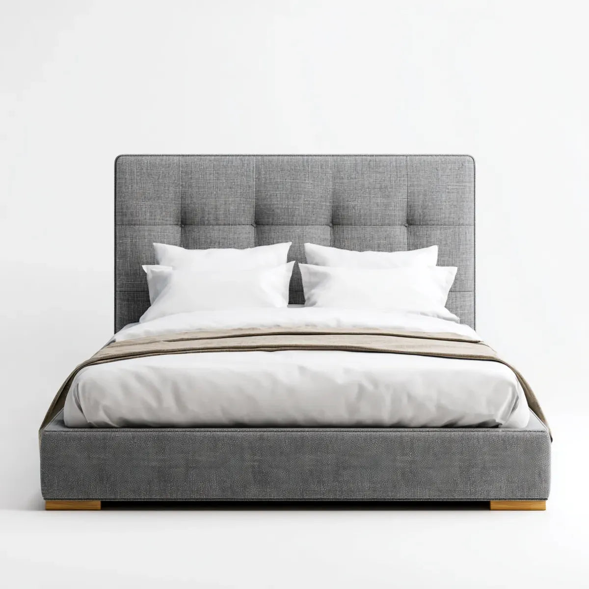 Lit double 160 x 200 cm gris en polyester avec tête de lit capitonnée rectangulaire