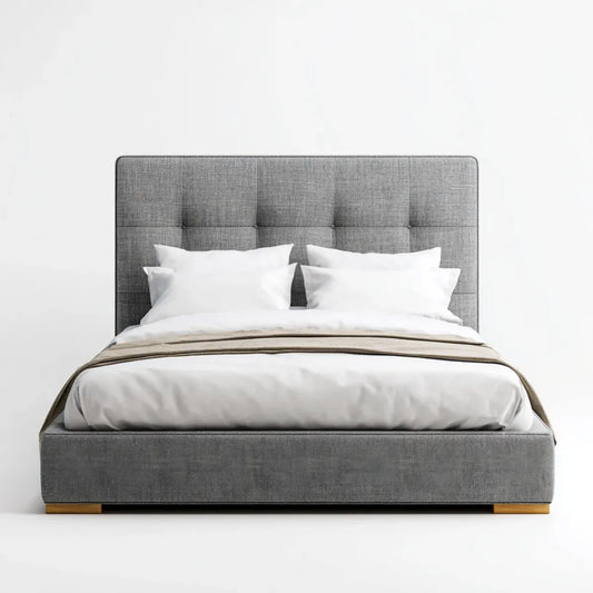 Lit double 160 x 200 cm gris en polyester avec tête de lit capitonnée rectangulaire